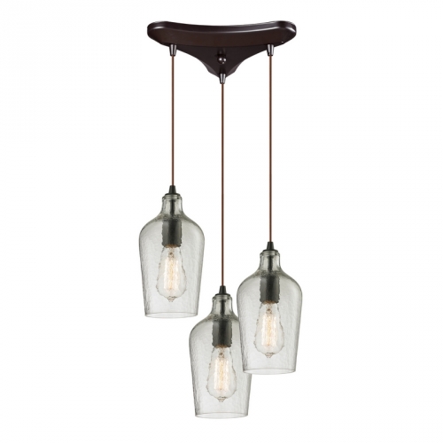 3 Light Chandelier in Oil Rubbed Bronze w/ Hammered Clear Glass