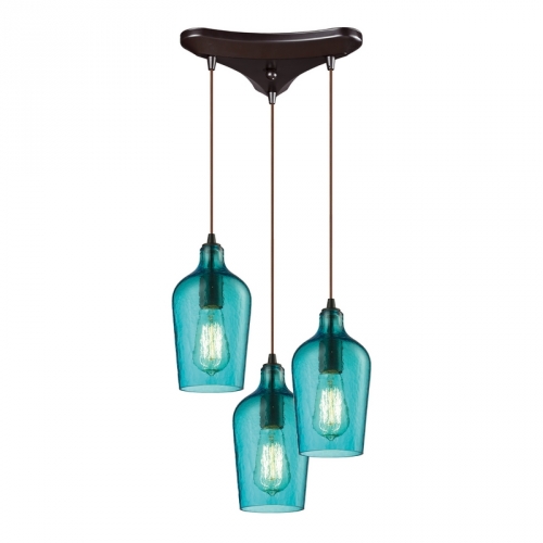 3 Light Chandelier in Oil Rubbed Bronze w/ Hammered Aqua Glass