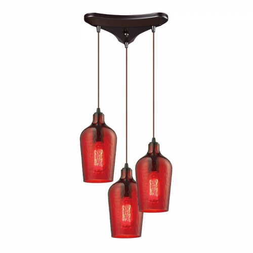 3 Light Chandelier in Oil Rubbed Bronze w/ Hammered Red Glass