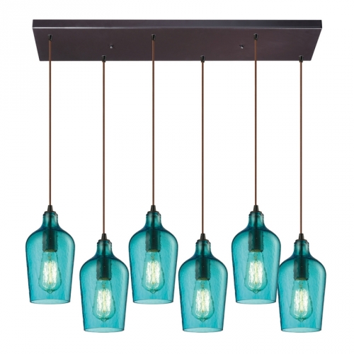 6 Light Chandelier in Oil Rubbed Bronze w/ Hammered Aqua Glass