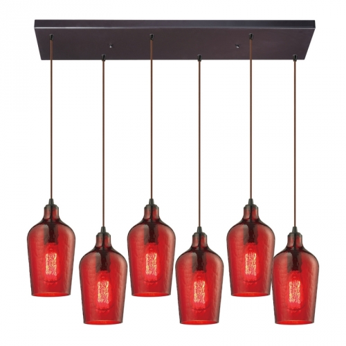 6 Light Chandelier in Oil Rubbed Bronze w/ Hammered Red Glass