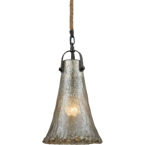 Hand Formed Glass 1 Light Ceiling Pendant Light in Oil Rubbed Bronze & Rope w/ Antique Mercury Glass