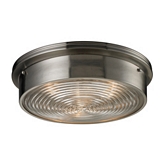 3 Light Flush Mount Ceiling Light in Brushed Nickel w/ Clear Ribbed Glass