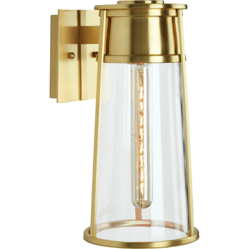 Cone Outdoor Wall Light in Satin Brass Metal & Clear Glass