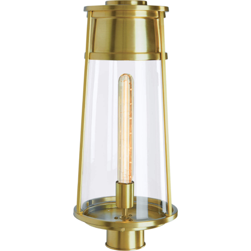 Cone Outdoor Post Lantern Light in Satin Brass Metal & Clear Glass