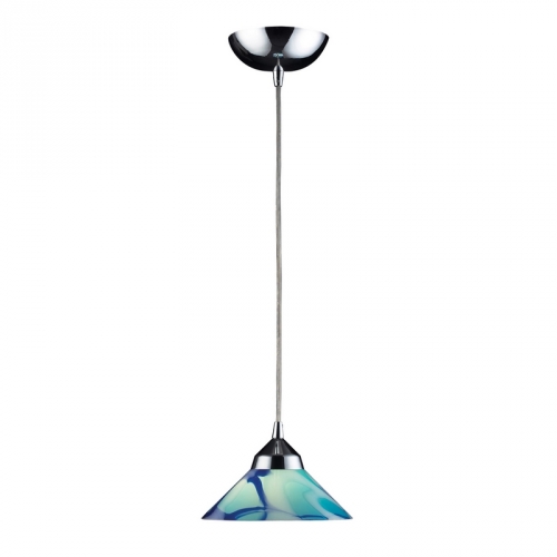 Refraction 1 Light Pendant Light in Polished Chrome w/ Caribbean Glass