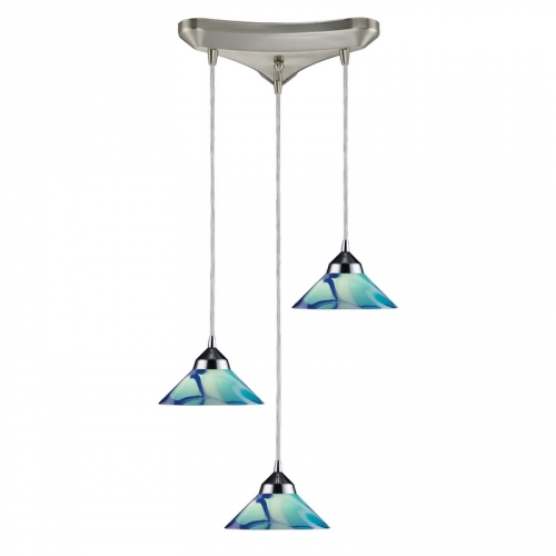 Refraction 3 Light Pendant Light in Polished Chrome w/ Caribbean Glass