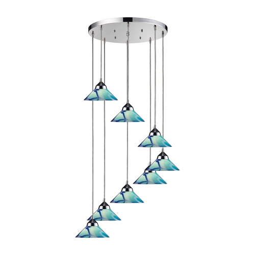 Refraction 8 Light Pendant Light in Polished Chrome w/ Caribbean Glass