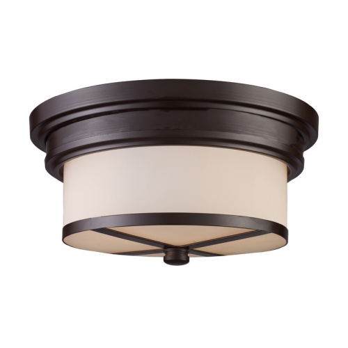 2 Light Flush Mount Ceiling Light in Oiled Bronze with White Satin Glass