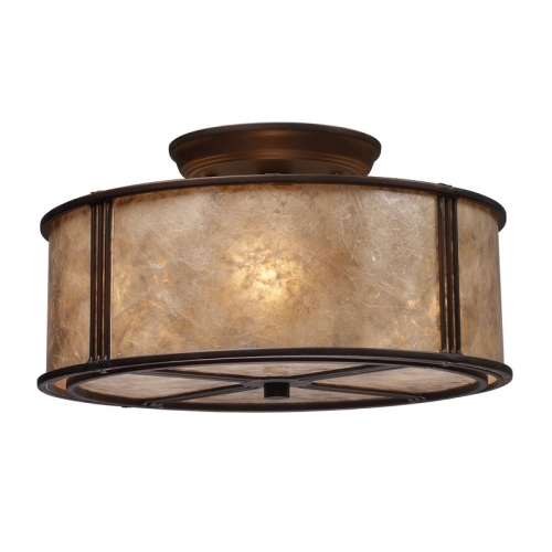 Barringer 3 Light Semi Flush Mount Light in Aged Bronze w/ Tan Mica Shade