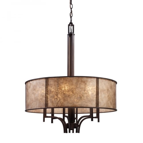 Barringer 6 Light Pendelier in Aged Bronze w/ Tan Mica Shade