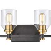 Cambria 13"W 2 Light Vanity Light in Black, Brass & Clear Glass