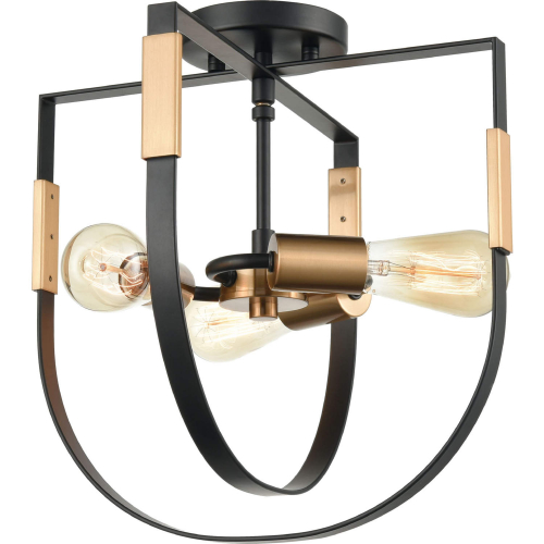 Heathrow 14"W 3 Light Semi Flush Mount in Matte Black & Satin Brass