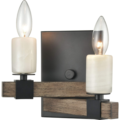 Stone Manor 7"H 2 Light Wall Sconce in Black, Aspen Metal & Stone