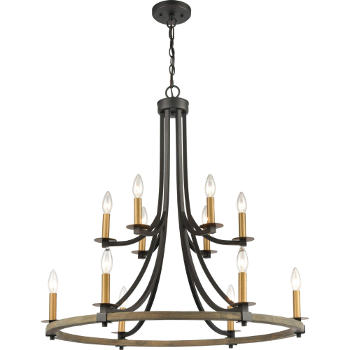 Woodbridge 32"W 12 Light Chandelier in Black & Weathered Oak