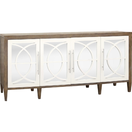 Zoran 4 Door Credenza in Weathered Mahogany, White & Mirror