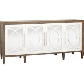 Zoran 4 Door Credenza in Weathered Mahogany, White & Mirror