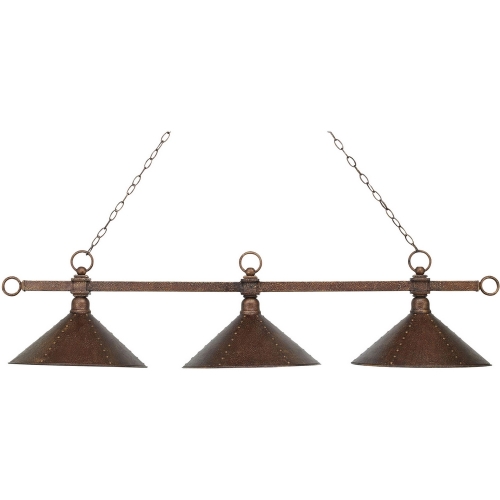 Designer Classics 3 Light Billiard / Island Light in Antique Copper w/ Hand Hammered Iron Shades