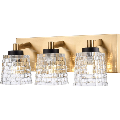 Candace 15.75"W 3 Light Vanity Light in Satin Brass, Black & Textured Glass