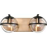 Davenay 16"W 2 Light Vanity Light in Satin Brass, Black & Clear Glass