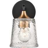 Hamy 5"W 1 Light Vanity Light in Black, Brass & Hammered Glass