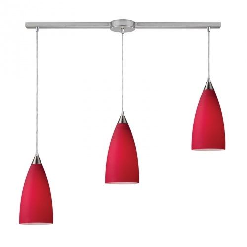 Vesta 3 Light Linear Pendant Light in Satin Nickel w/ Cardinal Red