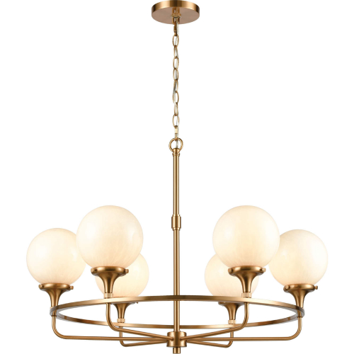 Beverly Hills 30"W 6 Light Chandelier in Satin Brass & White Feathered Glass