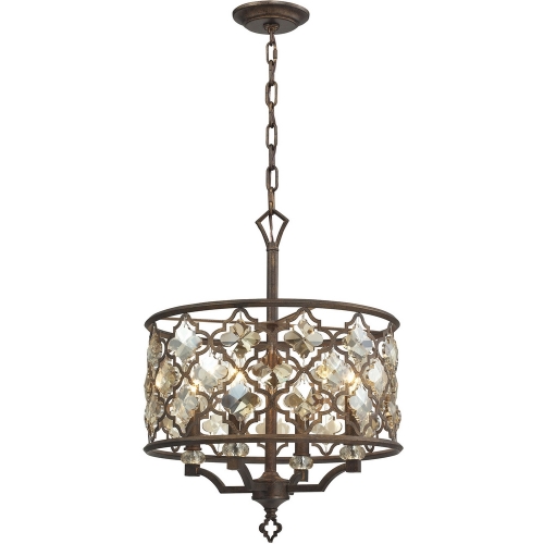 Armand 4 Light Pendant Light in Weathered Bronze & Intricate Amber Teak Crystals