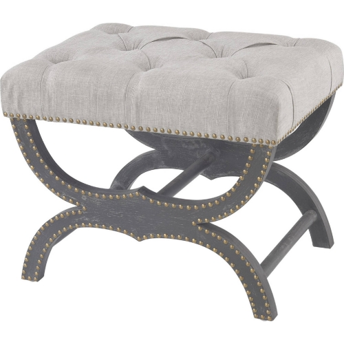 Arnaz Bench in Tufted Grey Linen on Aged Black Wood Base