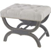 Arnaz Bench in Tufted Grey Linen on Aged Black Wood Base