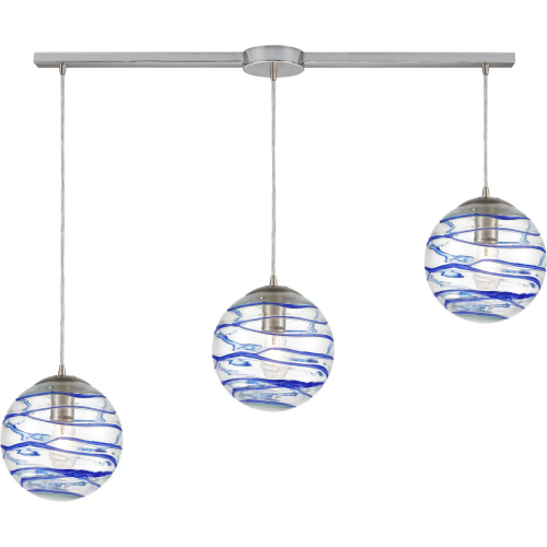 Vines 36"W 3 Light Pendant in Satin Nickel & Blue Glass