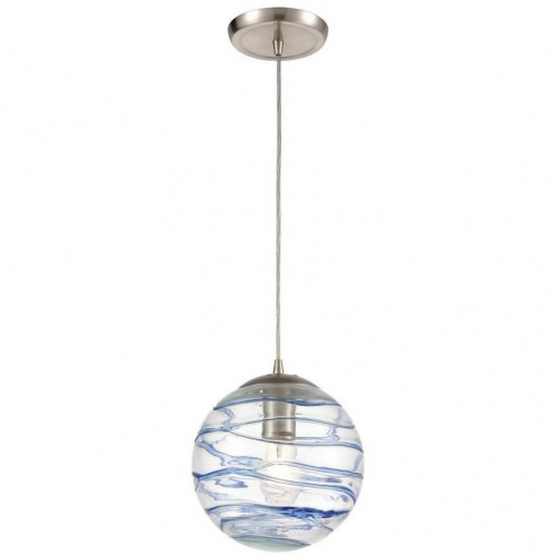 Vines 8"W 1 Light Pendant in Satin Nickel & Blue Glass