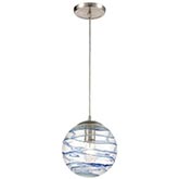 Vines 8"W 1 Light Pendant in Satin Nickel & Blue Glass