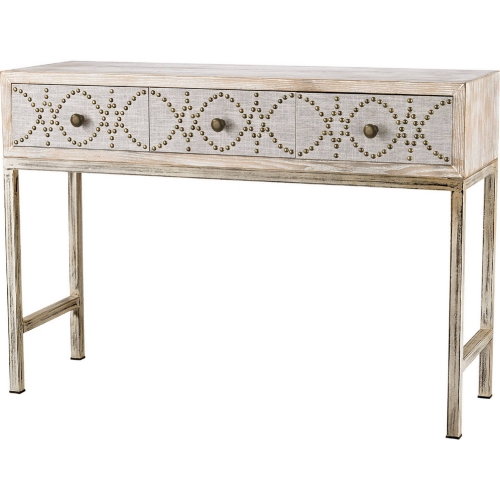 Albiera 3 Drawer Desk in Natural Linen w/ Nailhead on Driftwood Frame