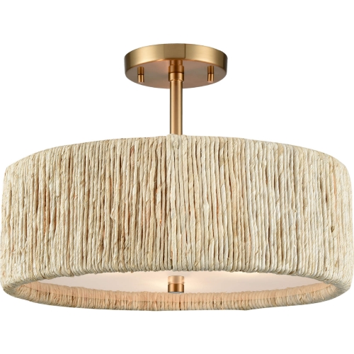 Abaca 16.75"W 3 Light Semi Flush Mount in Satin Brass & Abaca Rope Shade