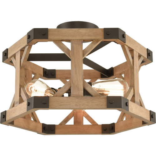 Structure 18"W 3 Light Semi Flush Mount in Oil Rubbed Bronze & Wood