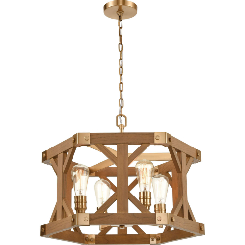 Structure 23"W 4 Light Chandelier in Brass & Wood