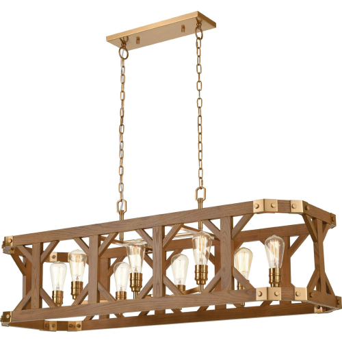 Structure 48"W 8 Light Linear Chandelier in Brass & Wood