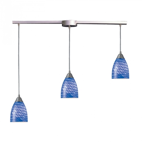 Arco Baleno 3 Light Pendant Light in Satin Nickel w/ Sapphire Hand Blown Glass