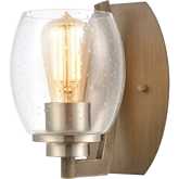 Bixler 8"H 1 Light Wall Sconce in Wood Finish Metal, Nickel & Seeded Glass