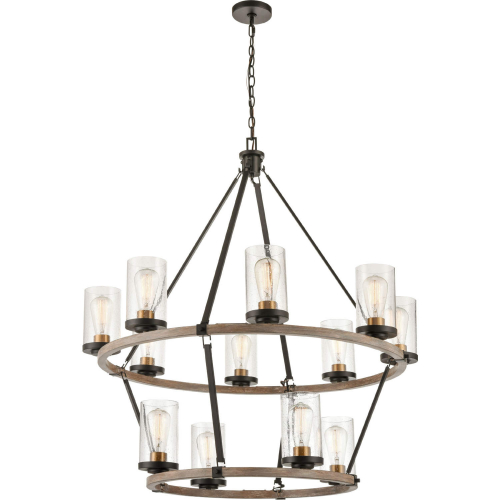 Geringer 36"W 12 Light Chandelier in Charcoal, Wood Finish & Seeded Glass