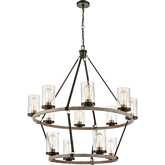 Geringer 36"W 12 Light Chandelier in Charcoal, Wood Finish & Seeded Glass