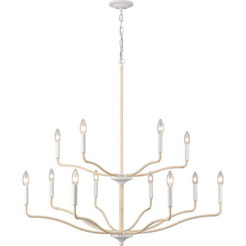 Breezeway 40"W 12 Light Chandelier in White Coral Finish & Rattan