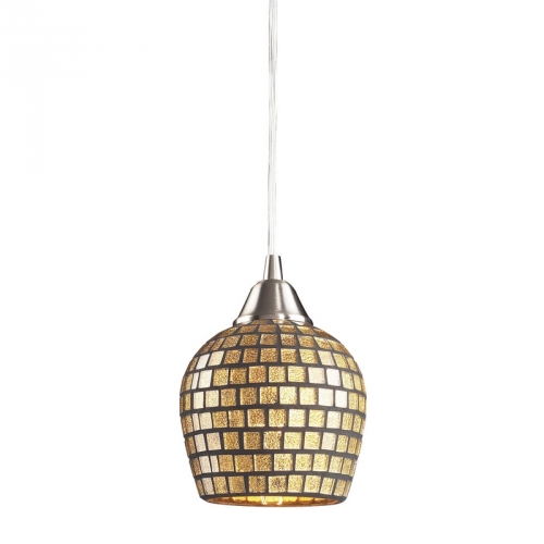 Fusion 1 Light Pendant Light in Satin Nickel w/ Gold Mosaic Glass