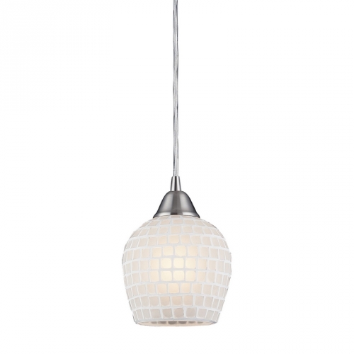 Fusion 1 Light Pendant Light in Satin Nickel with White Mosaic Glass