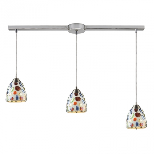 Gemstone 3 Light Pendant Light w/ Satin Nickel Hardware w/ Multi Color Glass