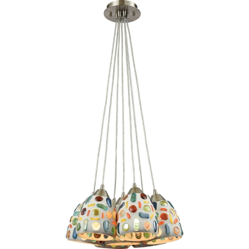 Gemstones 7 Light Ceiling Pendant Light in Satin Nickel & Sculpted Multicolor Glass