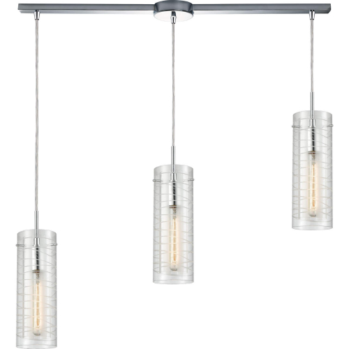 Swirl 38"W 3 Light Pendant in Polished Chrome & Clear Etched Glass