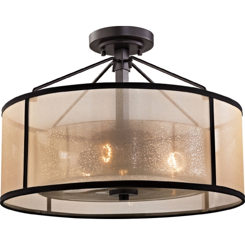 Diffusion 3 Light Semi Flush Ceiling Light in Oil Rubbed Bronze w/ Beige Organza Shade