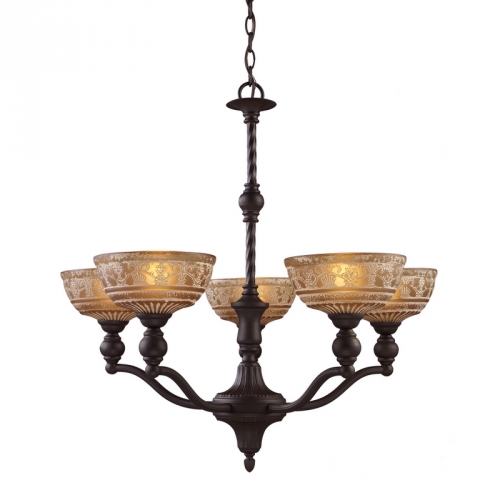 Norwich 5 Light Chandelier in Oiled Bronze w/ Amber Restoration Glass